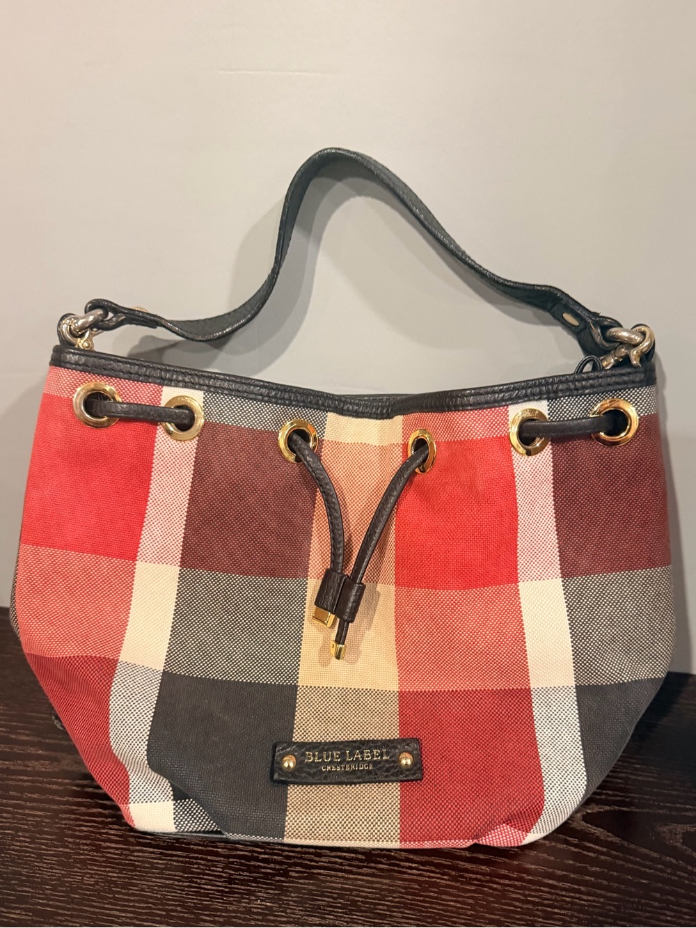 Burberry Blue Label Plaid Drawstring Shoulder/Crossbody Bag in Red, Cream, Brown